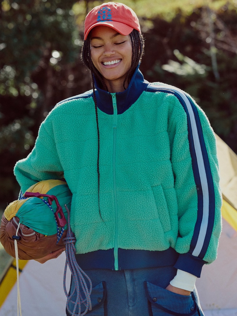 FP Movement by Free People Teal Sherpa Zip Jacket with Navy Stripe Detail